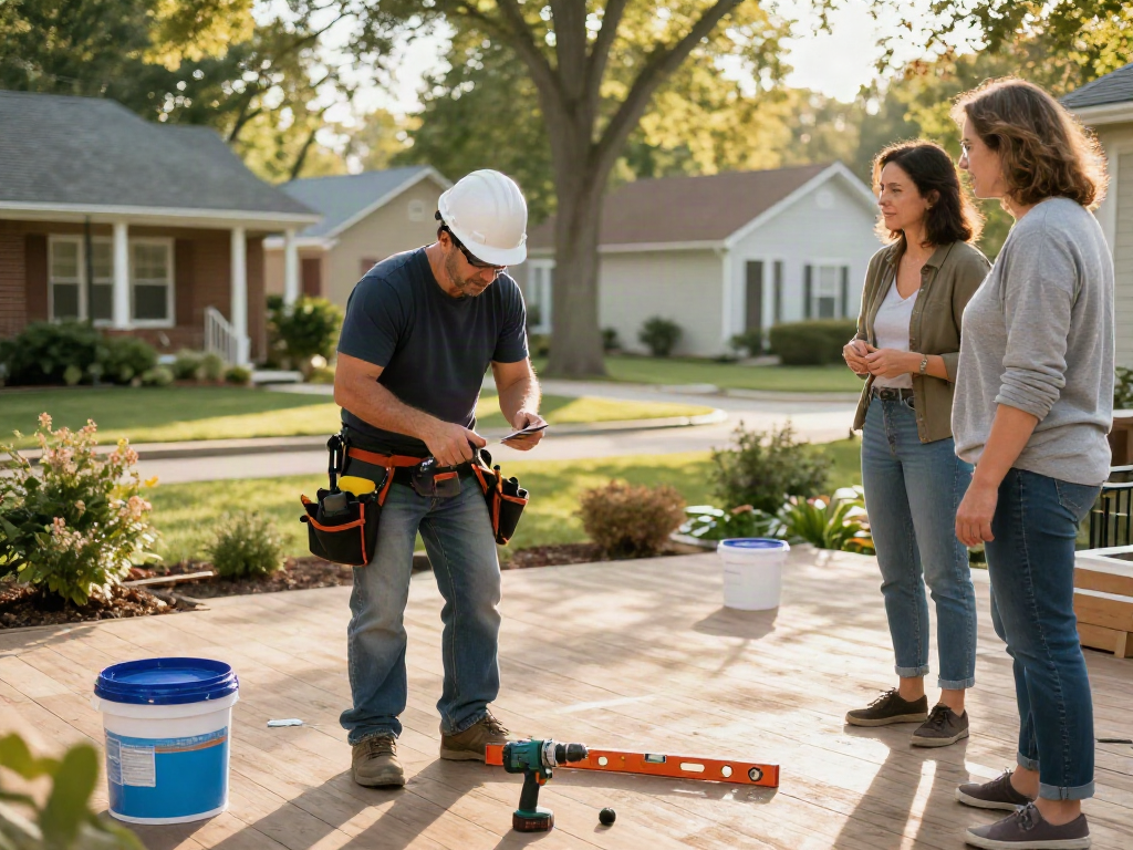 Professional home repair services Des Moines Iowa demonstrated outdoors with contractors and homeowners discussing renovations.