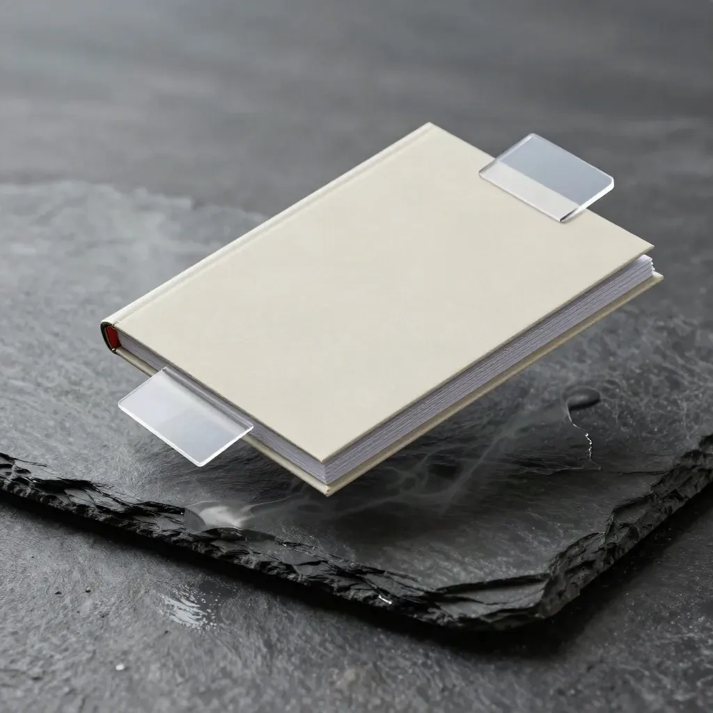 Stone report folio hovering over wet slate with translucent tabs and a silver side beam.
