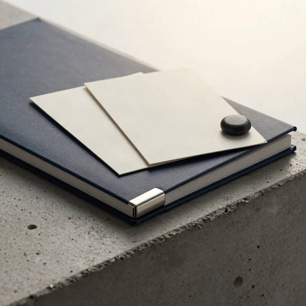 Matte strategy dossier with cards and stone weight on concrete, lit by warm raking light.