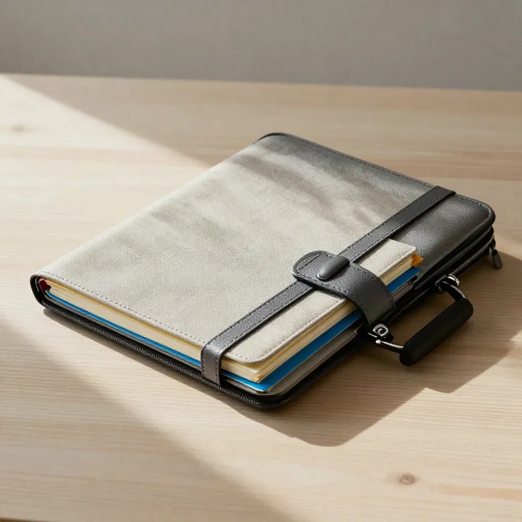 Overhead workshop kit with wrapped notebook, slim briefing case, and blue-tab inserts on pale wood.