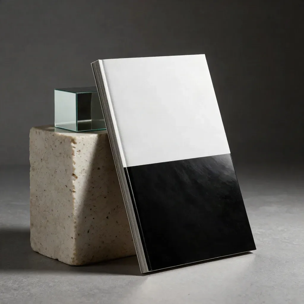 Glossy report block leaning on travertine beside a mirrored cube under dramatic rim light.