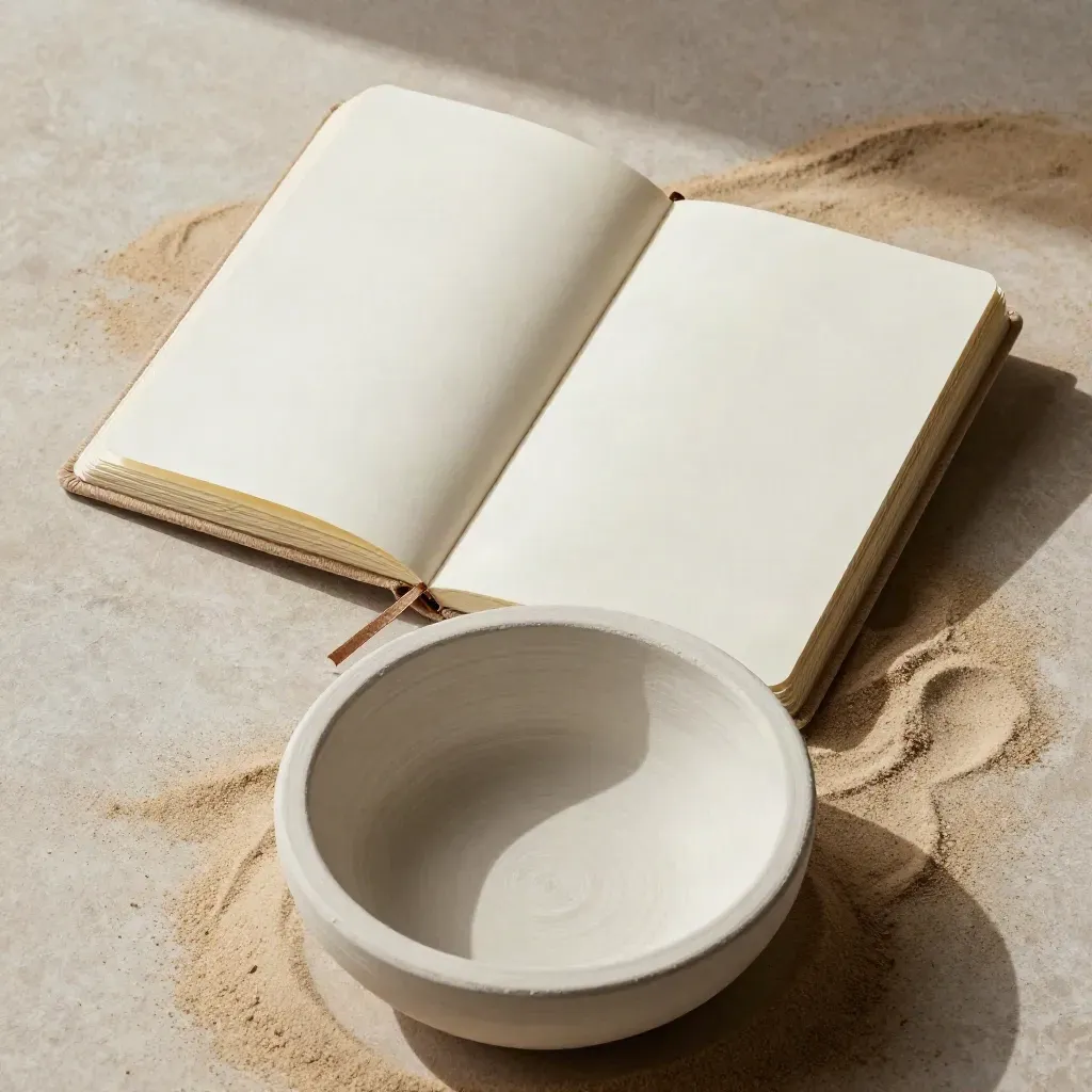 Overhead flatlay of a sand cloth notebook set nestled in a shallow plaster bowl