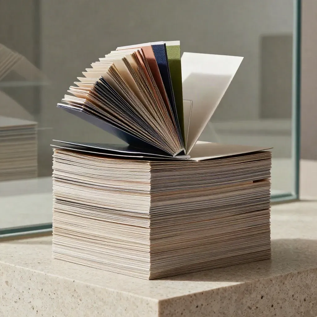 Tall premium briefing deck stack mid-fan on a travertine plinth with blurred glass architecture behind.