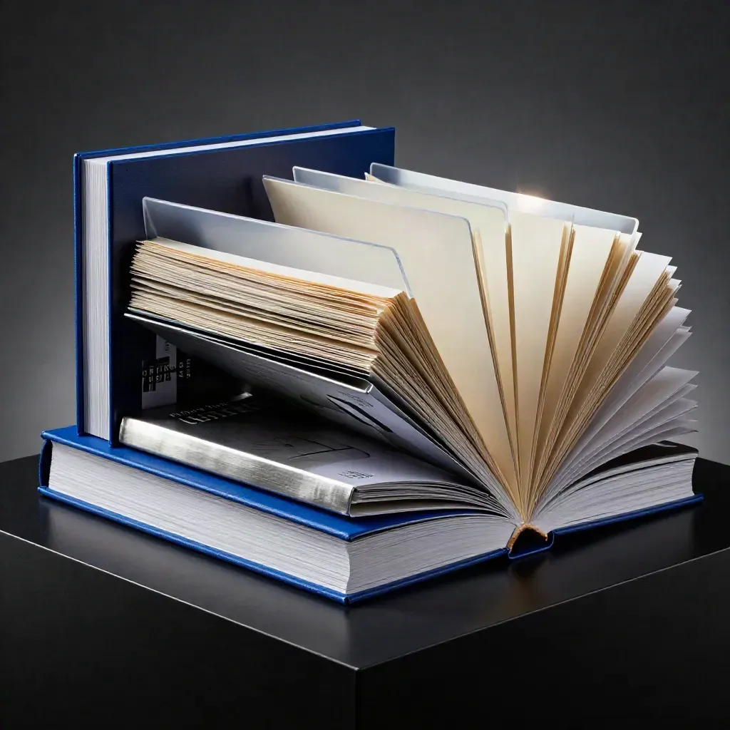 Blue report bundle bursting open on a black pedestal in a dramatic studio light.