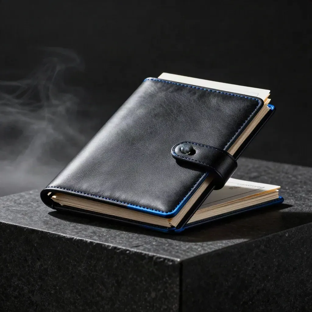 Open folio, agenda card, and smoked-glass paperweight on a dark stone plinth with blue rim light.