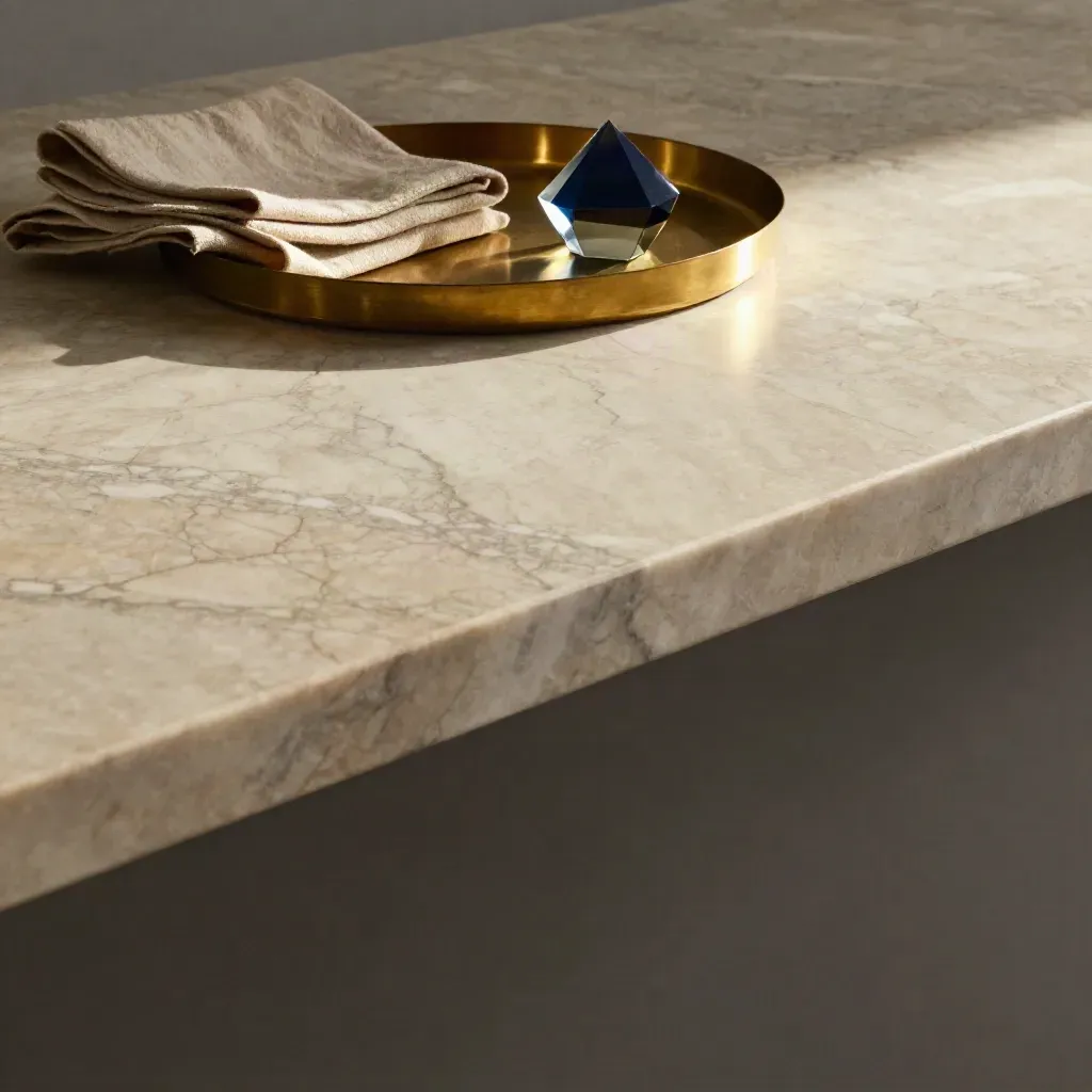 Marble worktop with brass tray, folded linen and glass prism in soft late-afternoon light